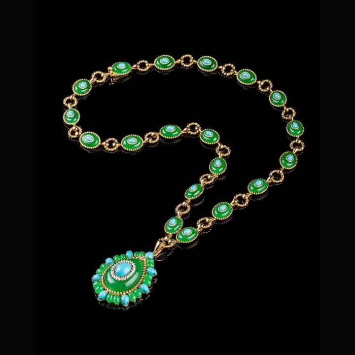 Gold necklace with jade, turquoise and diamonds